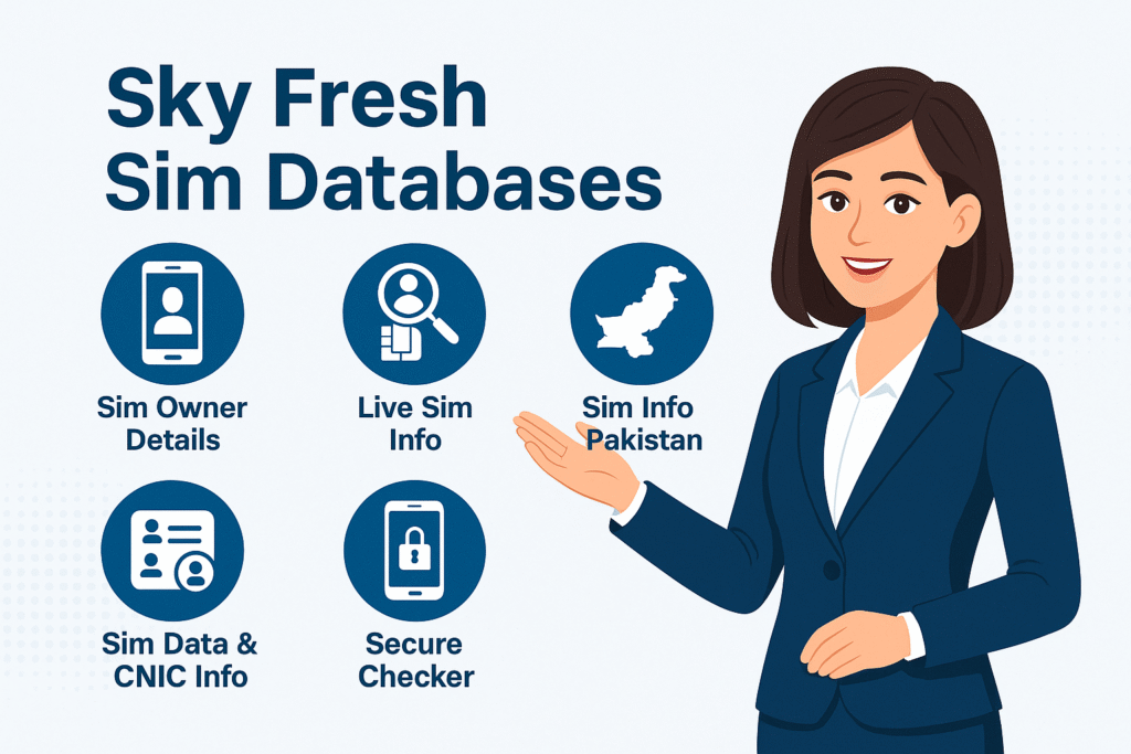 Sky Fresh Sim Databases services like Secure SIM Info, SIM Owner Details, CNIC Linked SIMs, and Real-Time SIM Data, promoting authentic SIM information access in Pakistan.